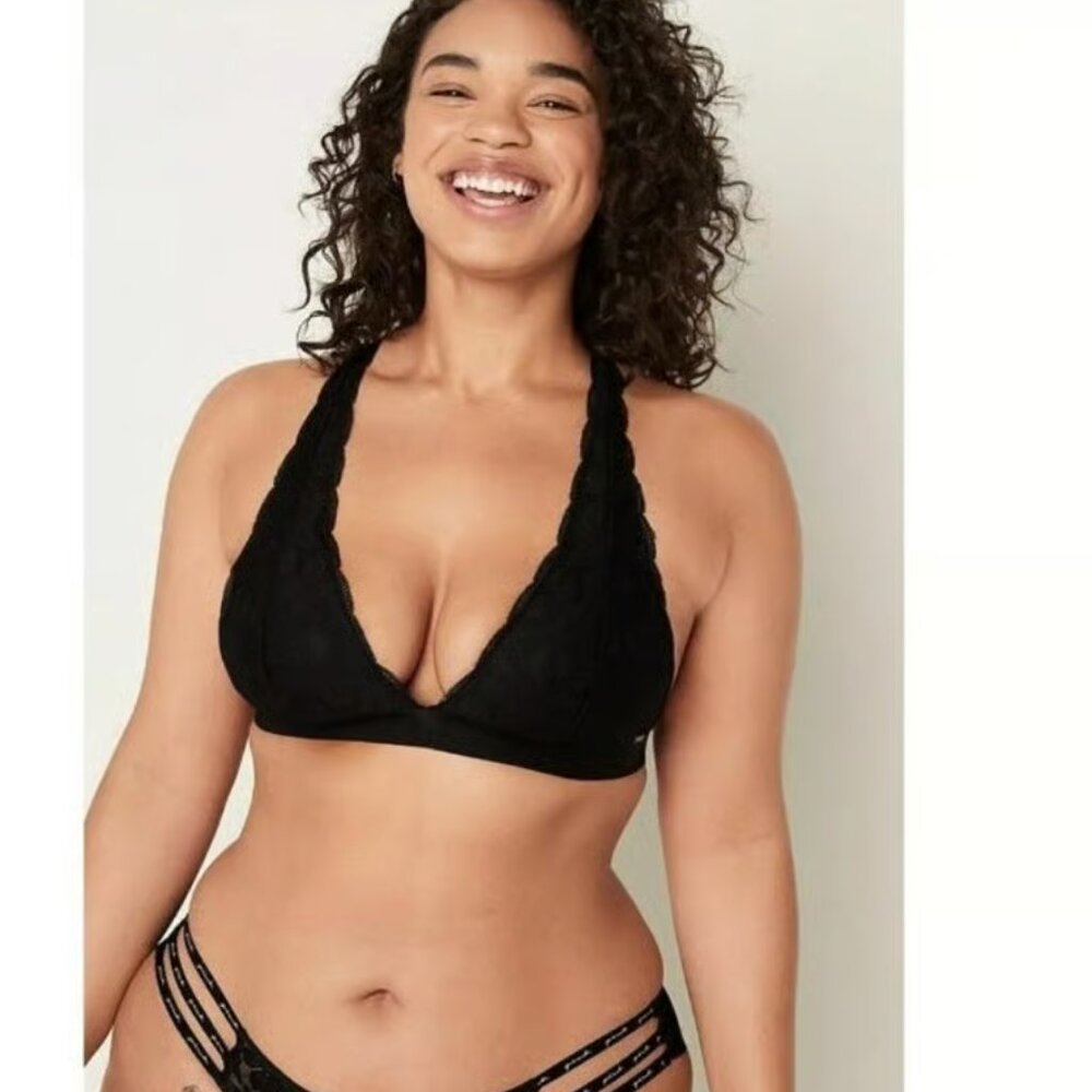 Pink Victoria Secret Black Lace Strappy Back Halterneck Bralette Small
